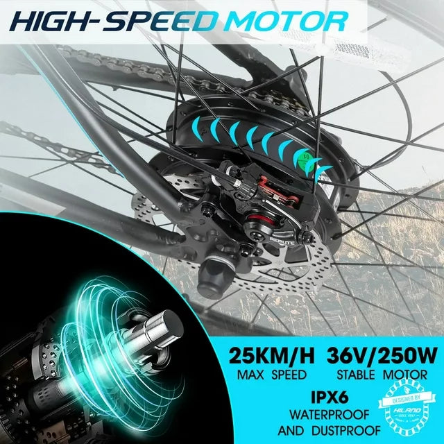 Bicicleta eléctrica de montaña Hiland Rockshark, aluminio, 26/27.5 pulgadas, 350W, 20MPH, bicicleta eléctrica para adultos, Shimano 21 velocidades, freno de disco, horquilla de suspensión con batería extraíble de 36V 10.4Ah