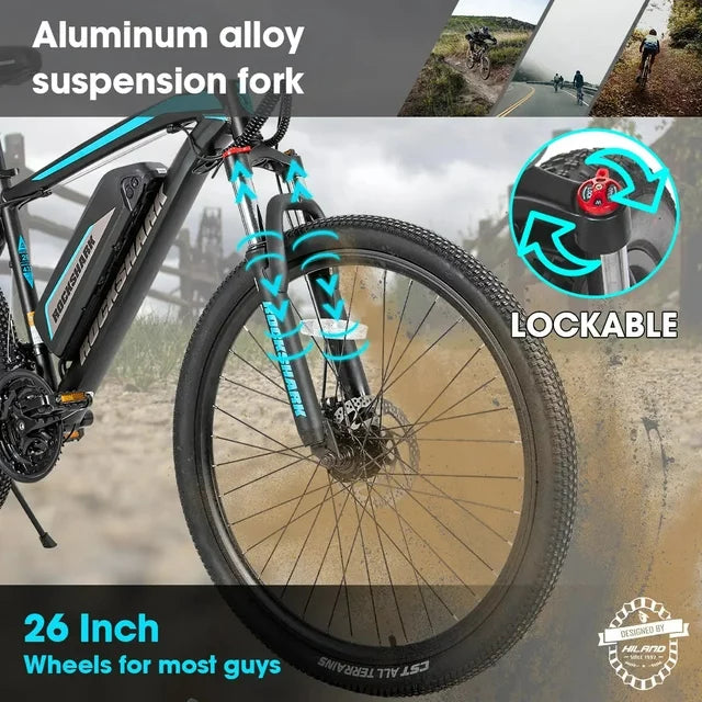 Bicicleta eléctrica de montaña Hiland Rockshark, aluminio, 26/27.5 pulgadas, 350W, 20MPH, bicicleta eléctrica para adultos, Shimano 21 velocidades, freno de disco, horquilla de suspensión con batería extraíble de 36V 10.4Ah