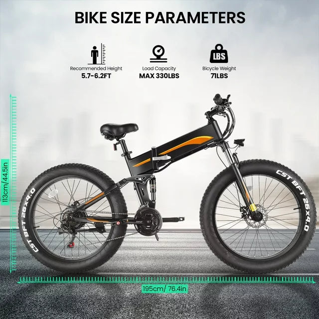 Funcid Elektrofahrrad, 26"x4" Fat Tire E-Bike für Erwachsene, 500W faltbares E-Mountainbike mit 48V 10Ah Akku, arretierbarer Federgabel und Shimano 21-Gang-Schaltung