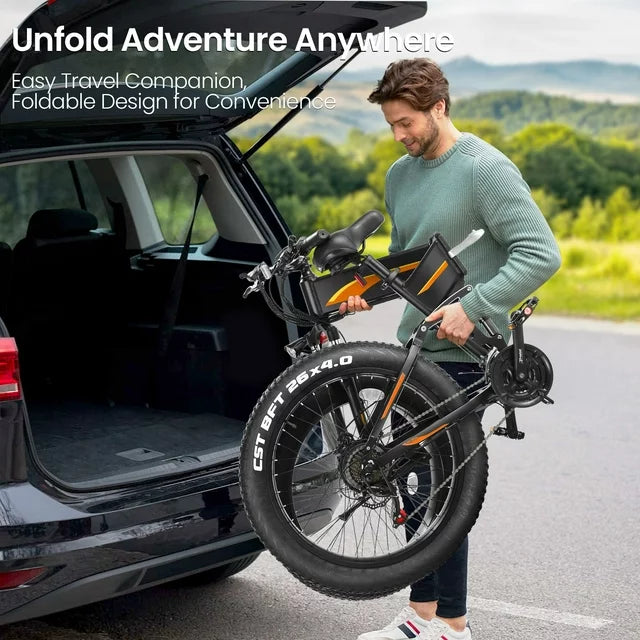 Funcid Elektrofahrrad, 26"x4" Fat Tire E-Bike für Erwachsene, 500W faltbares E-Mountainbike mit 48V 10Ah Akku, arretierbarer Federgabel und Shimano 21-Gang-Schaltung