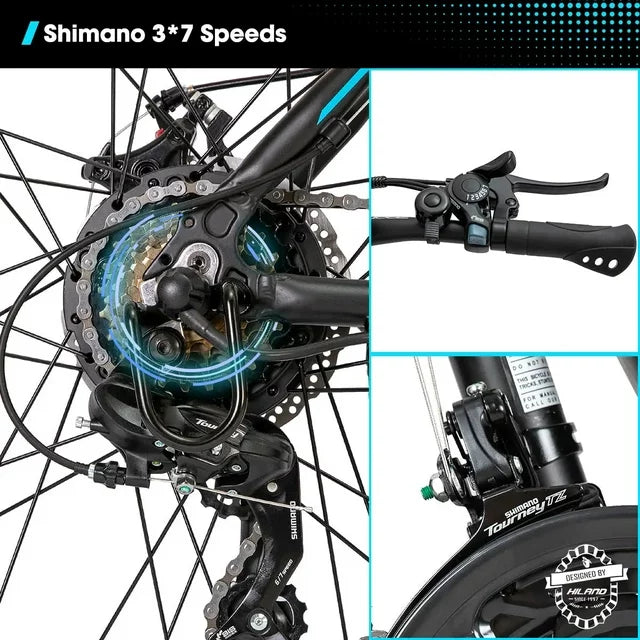 Bicicleta eléctrica de montaña Hiland Rockshark, aluminio, 26/27.5 pulgadas, 350W, 20MPH, bicicleta eléctrica para adultos, Shimano 21 velocidades, freno de disco, horquilla de suspensión con batería extraíble de 36V 10.4Ah