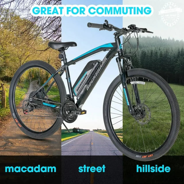 Bicicleta eléctrica de montaña Hiland Rockshark, aluminio, 26/27.5 pulgadas, 350W, 20MPH, bicicleta eléctrica para adultos, Shimano 21 velocidades, freno de disco, horquilla de suspensión con batería extraíble de 36V 10.4Ah