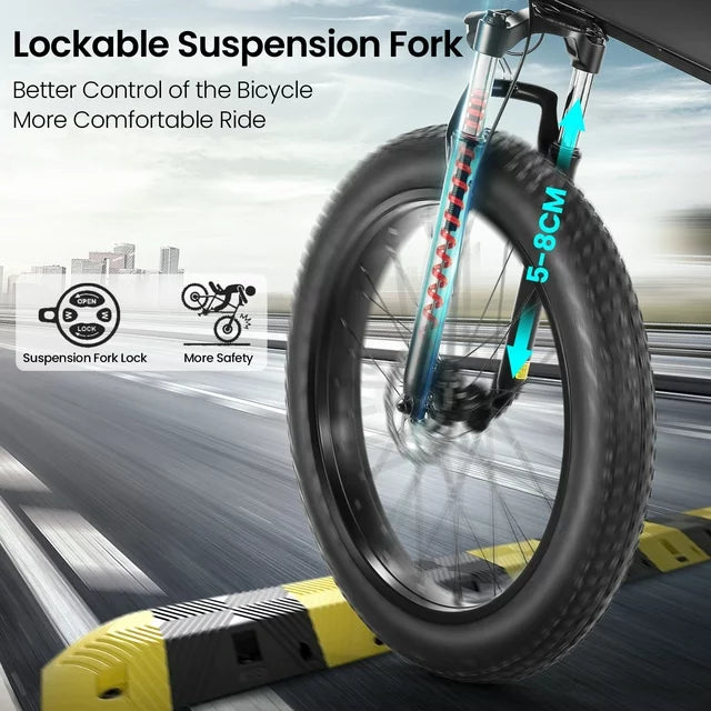Funcid Elektrofahrrad, 26"x4" Fat Tire E-Bike für Erwachsene, 500W faltbares E-Mountainbike mit 48V 10Ah Akku, arretierbarer Federgabel und Shimano 21-Gang-Schaltung