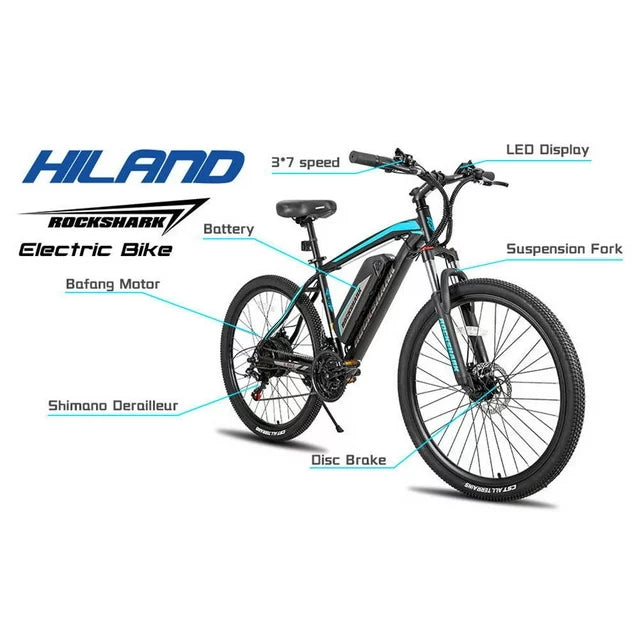 Bicicleta eléctrica de montaña Hiland Rockshark, aluminio, 26/27.5 pulgadas, 350W, 20MPH, bicicleta eléctrica para adultos, Shimano 21 velocidades, freno de disco, horquilla de suspensión con batería extraíble de 36V 10.4Ah