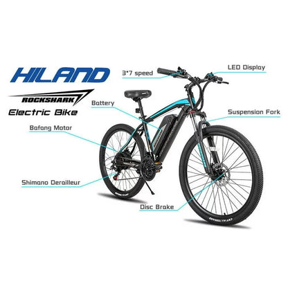 Bicicleta eléctrica de montaña Hiland Rockshark, aluminio, 26/27.5 pulgadas, 350W, 20MPH, bicicleta eléctrica para adultos, Shimano 21 velocidades, freno de disco, horquilla de suspensión con batería extraíble de 36V 10.4Ah