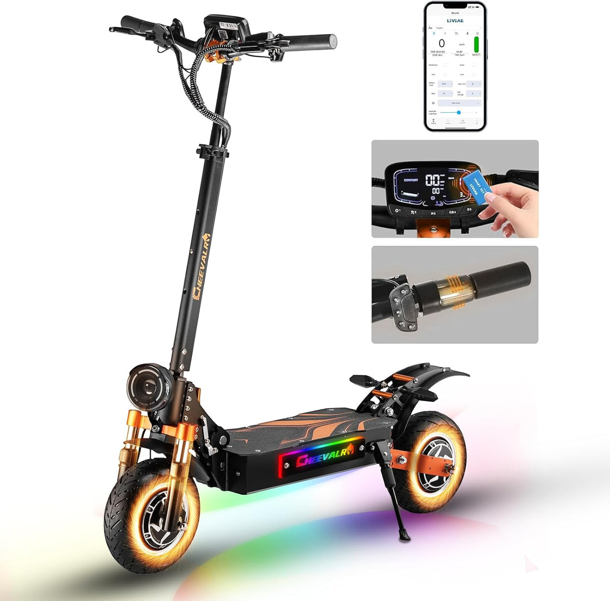 E-Scooter mit Straßenzulassung, 80-100 km Reichweite, 48 V 15 Ah, 10-Zoll-Offroad-Luftreifen, ABE-Elektroroller mit doppelter Stoßdämpfung, faltbarer E-Roller, Offroad, Belastbarkeit bis 150 kg, LED, App