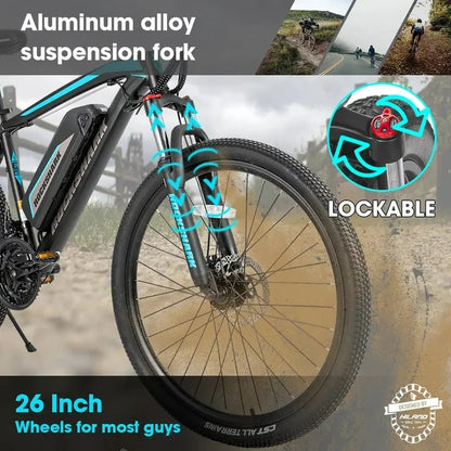 Bicicleta eléctrica de montaña Hiland Rockshark, aluminio, 26/27.5 pulgadas, 350W, 20MPH, bicicleta eléctrica para adultos, Shimano 21 velocidades, freno de disco, horquilla de suspensión con batería extraíble de 36V 10.4Ah