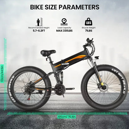 Funcid Elektrofahrrad, 26"x4" Fat Tire E-Bike für Erwachsene, 500W faltbares E-Mountainbike mit 48V 10Ah Akku, arretierbarer Federgabel und Shimano 21-Gang-Schaltung
