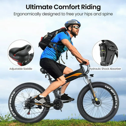 Funcid Elektrofahrrad, 26"x4" Fat Tire E-Bike für Erwachsene, 500W faltbares E-Mountainbike mit 48V 10Ah Akku, arretierbarer Federgabel und Shimano 21-Gang-Schaltung