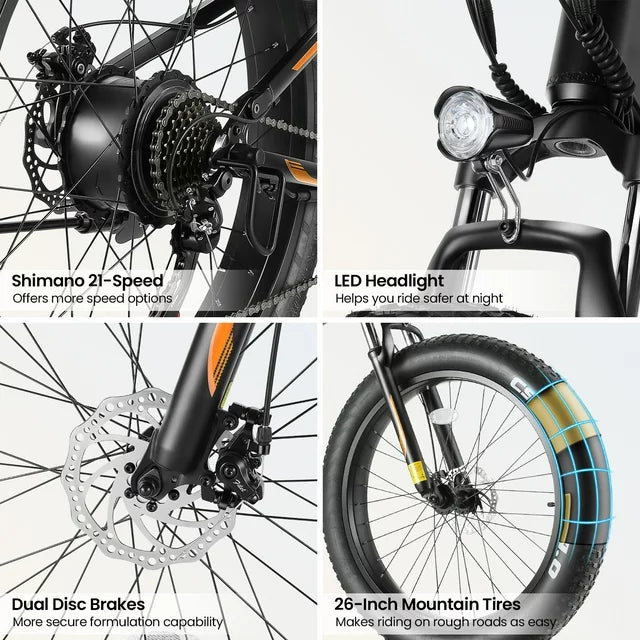 Funcid Elektrofahrrad, 26"x4" Fat Tire E-Bike für Erwachsene, 500W faltbares E-Mountainbike mit 48V 10Ah Akku, arretierbarer Federgabel und Shimano 21-Gang-Schaltung