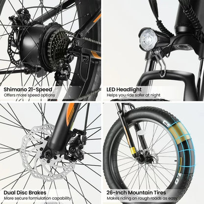 Funcid Elektrofahrrad, 26"x4" Fat Tire E-Bike für Erwachsene, 500W faltbares E-Mountainbike mit 48V 10Ah Akku, arretierbarer Federgabel und Shimano 21-Gang-Schaltung