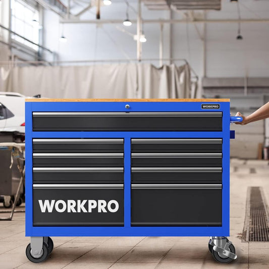 Gabinete rodante para herramientas WORKPRO de 46 pulgadas y 9 cajones, mueble móvil de almacenamiento con cubierta de madera, equipado con ruedas, manija, revestimiento para cajones y sistema de bloqueo, capacidad de carga de 1200 libras