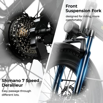 SOHAMO H3 Elektrofahrrad für Erwachsene, 20" Fat Tire Klapp-E-Bike, 750W Motor, 48V 15Ah herausnehmbarer Akku, Vorderradfederung, Shimano 7-Gang Mountainbike