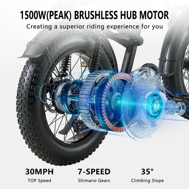 Ridingtimes Z8 Snow Ebikes for Adults, 20" Fat Tire, 1500W Motor, 28Mph, 6 Layer Full Suspension