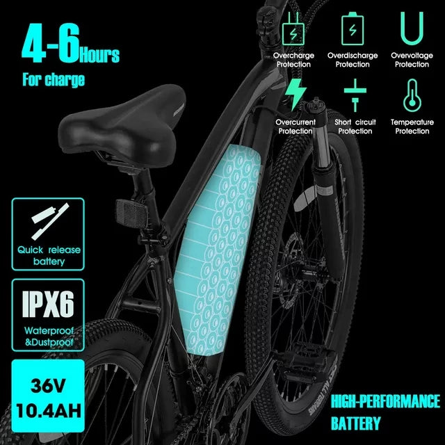 Bicicleta eléctrica de montaña Hiland Rockshark, aluminio, 26/27.5 pulgadas, 350W, 20MPH, bicicleta eléctrica para adultos, Shimano 21 velocidades, freno de disco, horquilla de suspensión con batería extraíble de 36V 10.4Ah