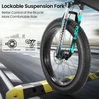 Funcid Elektrofahrrad, 26"x4" Fat Tire E-Bike für Erwachsene, 500W faltbares E-Mountainbike mit 48V 10Ah Akku, arretierbarer Federgabel und Shimano 21-Gang-Schaltung