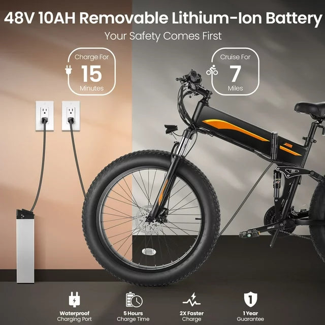 Funcid Elektrofahrrad, 26"x4" Fat Tire E-Bike für Erwachsene, 500W faltbares E-Mountainbike mit 48V 10Ah Akku, arretierbarer Federgabel und Shimano 21-Gang-Schaltung
