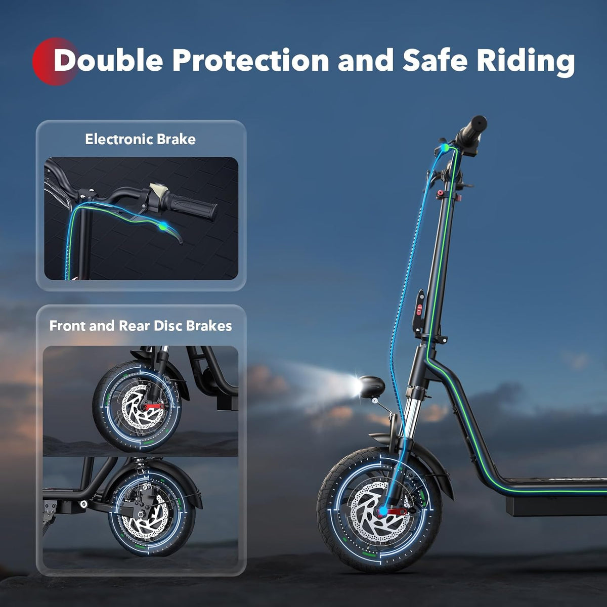 Patinete eléctrico iScooter con asiento, autonomía de 60/34 km y velocidad máxima de 45/30/25 km/h, neumáticos de 14"/12"/10", asiento de altura ajustable...