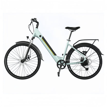 Bicicleta eléctrica Urban Bicicleta eléctrica de ciudad 28" con 90Km de autonomía, suspension delantera, cambio Shimano de 7 velocidades y doble disco de freno.