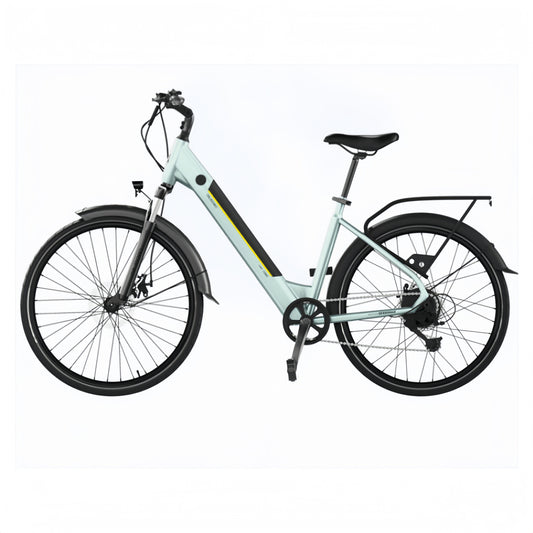 Bicicleta eléctrica Urban Bicicleta eléctrica de ciudad 28" con 90Km de autonomía, suspension delantera, cambio Shimano de 7 velocidades y doble disco de freno.