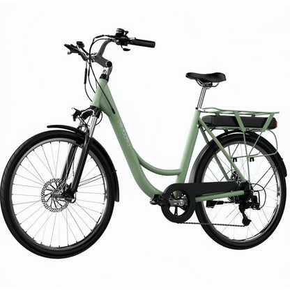 Bicicleta eléctrica Capital Bicicleta eléctrica de ciudad con 80 km de autonomía, 28", suspensión delantera, cambio Shimano de 6 velocidades y doble disco de freno.