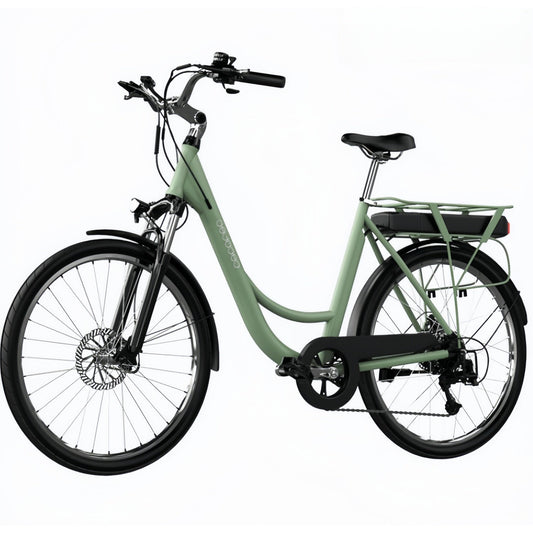 Bicicleta eléctrica Capital Bicicleta eléctrica de ciudad con 80 km de autonomía, 28", suspensión delantera, cambio Shimano de 6 velocidades y doble disco de freno.